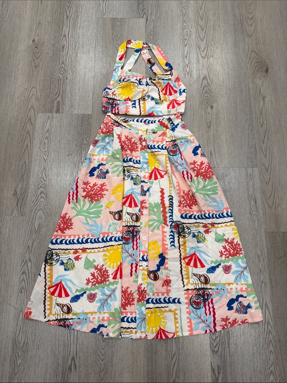 Tropical Seas Halter Midi skirt and top in Coral, Yellow & Blue